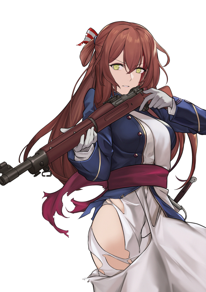 1girl absurdres apron blazer blue_jacket bolt_action breasts brown_apron brown_hair dress girls'_frontline gloves green_eyes gun hair_between_eyes hair_ribbon hair_rings highres holding holding_gun holding_weapon jacket la13 large_breasts long_hair long_sleeves m1903_springfield ponytail ribbon rifle sidelocks solo springfield_(girls'_frontline) torn_clothes torn_dress weapon white_dress white_gloves