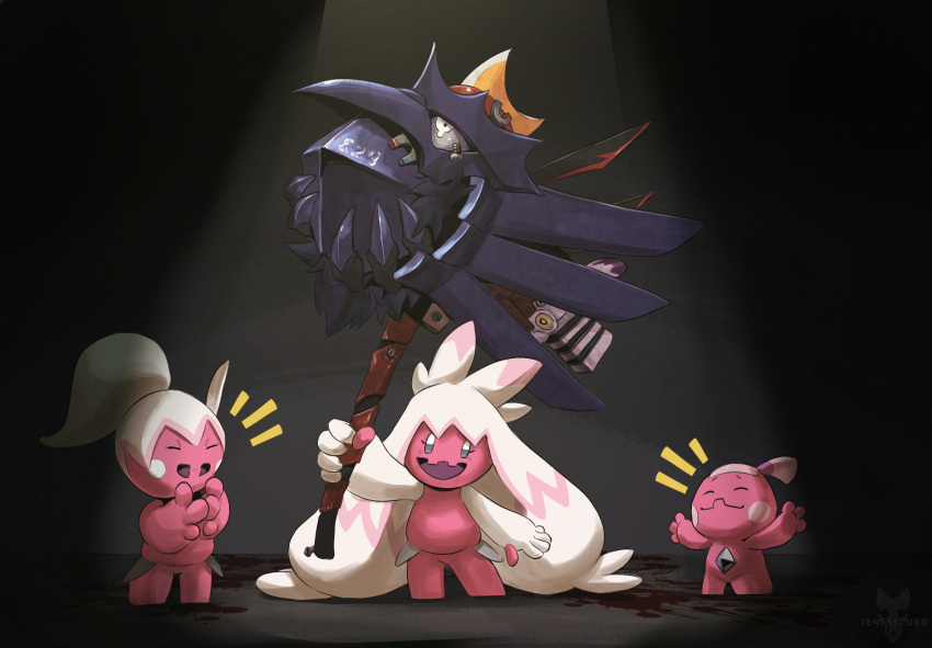 3others :d artist_logo artist_name bisharp blood_on_ground body_parts clapping closed_eyes colored_skin commentary corviknight crying engine english_commentary evolutionary_line hammer happy highres holding holding_hammer holding_weapon kingambit long_hair looking_at_viewer magnemite magnet multiple_others notice_lines pink_skin pokemon pokemon_(creature) ponytail smile standing teardrop tenebscuro tinkatink tinkaton tinkatuff varoom watermark weapon white_hair