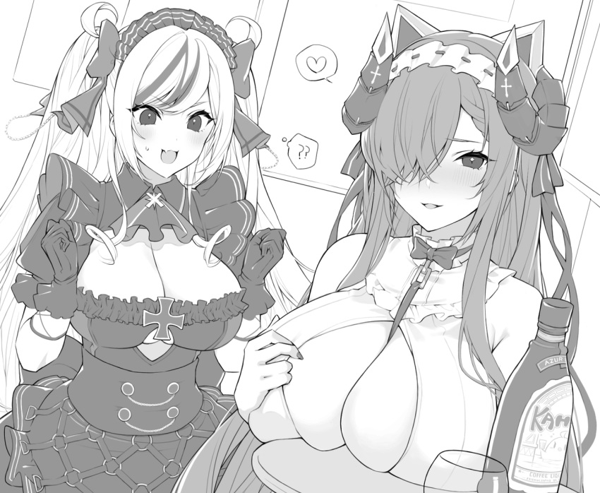 2girls ? alcohol august_von_parseval_(azur_lane) august_von_parseval_(the_conquered_unhulde)_(azur_lane) azur_lane black_dress breast_rest breasts breasts_on_table cleavage cross dress elbe_(azur_lane) elbe_(time_to_show_off?)_(azur_lane) frilled_dress frills gloves greyscale hair_over_one_eye heart horns huge_breasts iron_cross large_breasts long_hair looking_at_viewer maid maid_headdress mechanical_horns monochrome multiple_girls official_alternate_costume piwka ribbon sleeveless tray very_long_hair white_dress