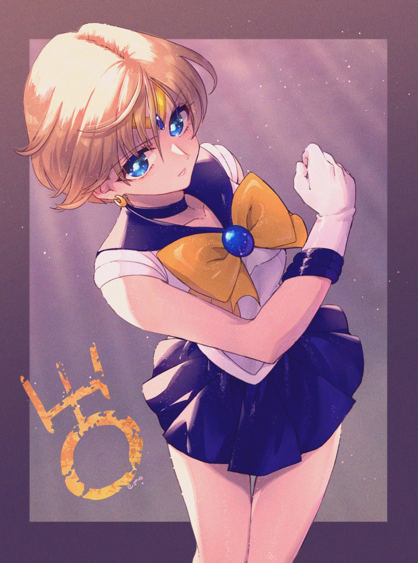 1girl back_bow bangs bishoujo_senshi_sailor_moon blonde_hair blue_bow blue_choker blue_eyes blue_gemstone blue_sailor_collar blue_skirt bow bowtie choker circlet earrings elbow_gloves gem gloves highres jewelry miniskirt parted_bangs pleated_skirt sailor_collar sailor_uranus shirt short_hair short_sleeves skirt solo ten'ou_haruka uranus_symbol very_short_hair white_gloves white_shirt yellow_bow yellow_bowtie yyemoyy