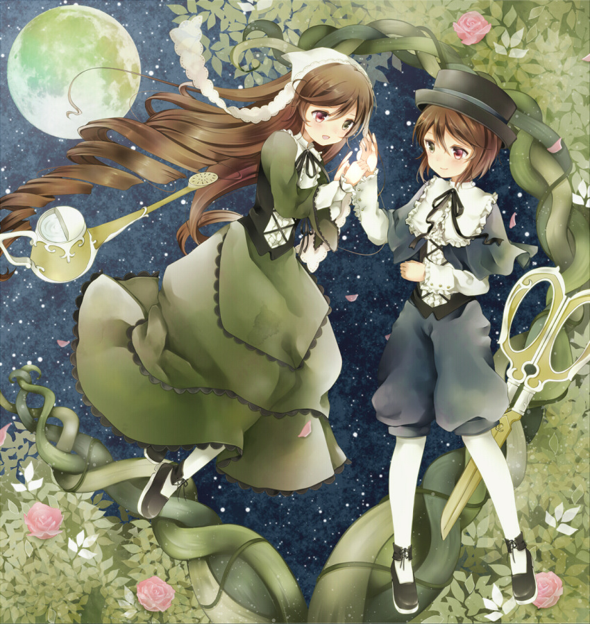 2girls bangs black_footwear black_headwear blush brown_hair dress edamame_888 falling_petals flower full_moon green_dress hat heterochromia highres long_hair moon multiple_girls open_mouth oversized_object pantyhose petals pink_flower pink_rose plant rose rose_petals rozen_maiden scissors short_hair siblings sisters sky smile souseiseki star_(sky) starry_sky suiseiseki veil vines watering_can white_pantyhose