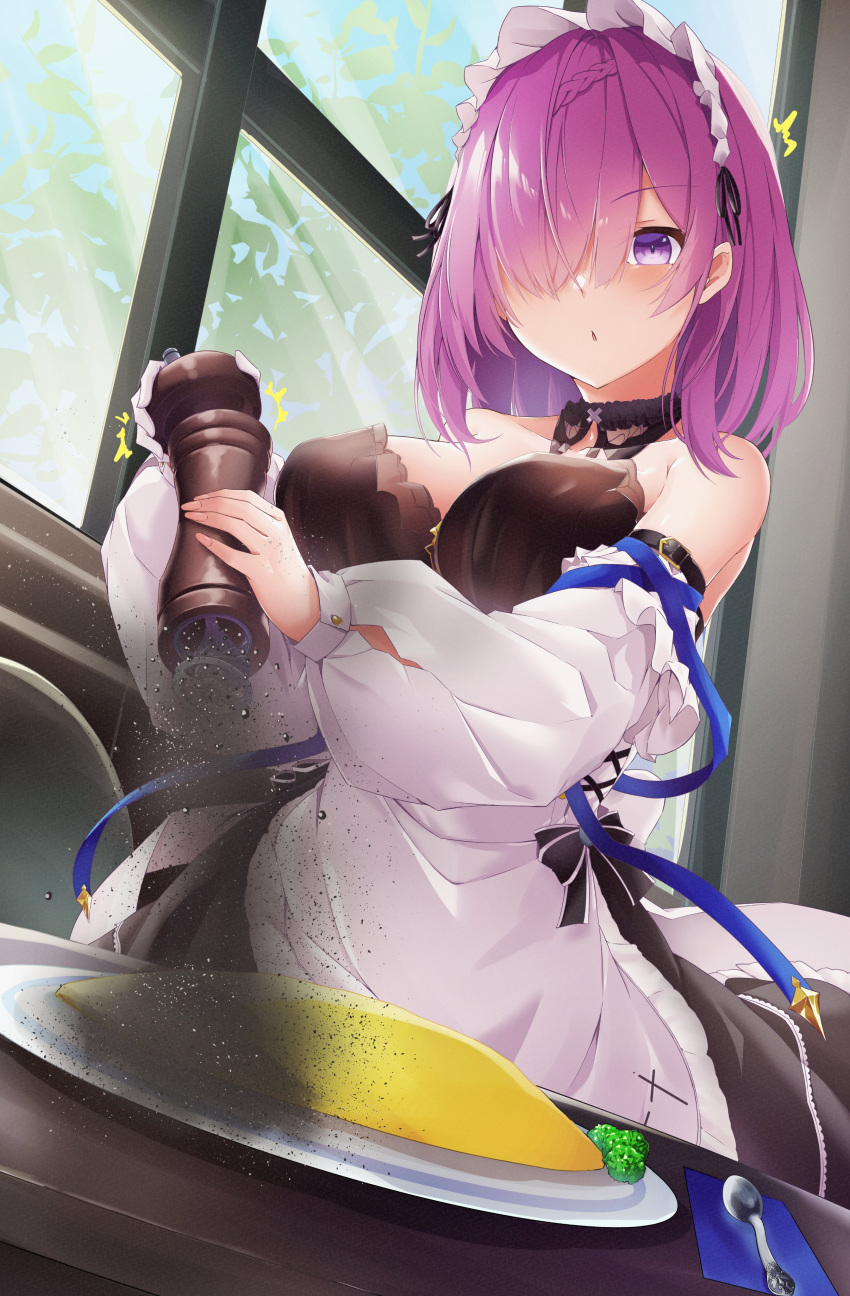 1girl ^^^ absurdres azur_lane bangs bare_shoulders braid breasts commentary_request detached_sleeves dress food hair_over_one_eye highres indoors leer.meer maid maid_headdress medium_breasts medium_hair official_alternate_costume omelet penelope_(azur_lane) penelope_(salty_maid)_(azur_lane) pepper_(spice) pepper_mill purple_eyes purple_hair solo spoon surprised upper_body window