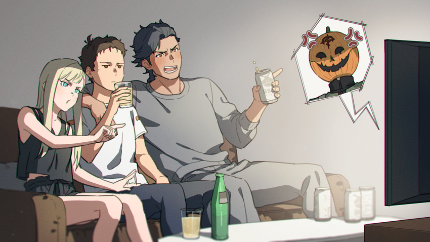 1girl 2boys beer_can black_hair blonde_hair blue_eyes bottle brown_hair can commentary_request couch cup drinking_glass gigi_andalusia gundam gundam_hathaway's_flash hathaway_noa holding holding_cup kenneth_sleg long_hair mafti_nabiyu_erin mishio multiple_boys pumpkin_mask shirt short_hair sitting sweater t-shirt tank_top watching_television