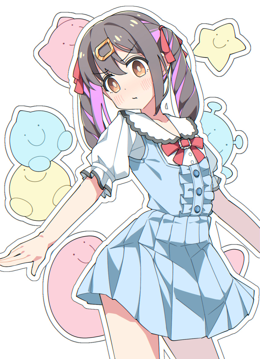 1girl bangs bare_arms black_hair blue_skirt blue_vest blush brown_eyes c: center_frills commentary frills hair_between_eyes hair_ornament hair_ribbon hairclip highres long_hair looking_at_viewer multicolored_hair onii-chan_wa_oshimai! outline oyama_mihari pleated_skirt pout purple_hair red_ribbon ribbon shirt short_sleeves simple_background skirt skirt_set smile solo streaked_hair twintails two-tone_hair vest wawawanian white_background white_outline white_shirt