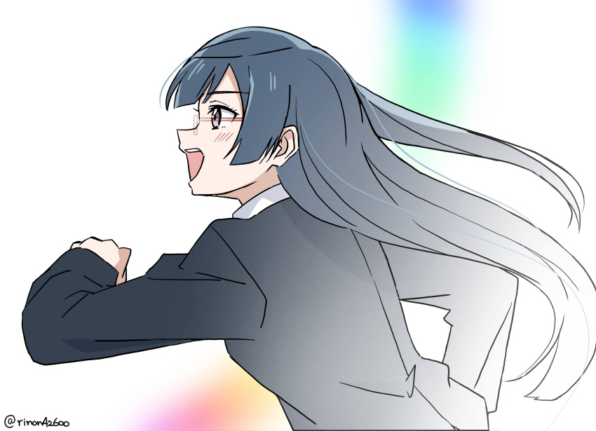 1girl absurdres bangs black_hair blush commentary from_side glasses grey_eyes highres long_hair love_live! love_live!_nijigasaki_high_school_idol_club nakagawa_nana nijigasaki_academy_school_uniform one_side_up rainbow_background rinon42600 running school_uniform sidelocks smile solo twitter_username upper_body white_background yuuki_setsuna_(love_live!)