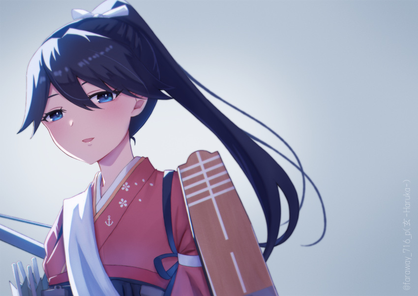 1girl bangs black_hair blue_eyes flight_deck hair_ribbon haruka_faraway716 highres hiiragi_iwashi houshou_(kancolle) houshou_kai_ni_(kancolle) japanese_clothes kantai_collection kimono long_hair pink_kimono ponytail ribbon rigging sash solo tasuki upper_body white_ribbon white_sash