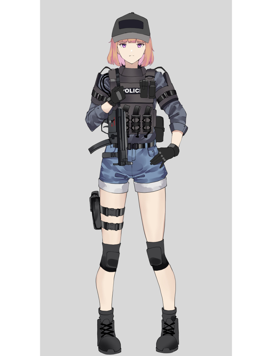 1girl absurdres ankle_boots baseball_cap black_footwear black_gloves blue_shorts boots border bulletproof_vest closed_mouth colored_inner_hair copyright_request full_body gar32 gloves grey_background grey_shirt gun h&amp;k_mp5k hand_up handgun hat heckler_&amp;_koch highres holster holstered_weapon knee_pads looking_at_viewer magazine_(weapon) multicolored_hair orange_hair police police_uniform purple_eyes shirt shorts simple_background solo standing submachine_gun thigh_holster thigh_pouch thigh_strap uniform weapon white_border