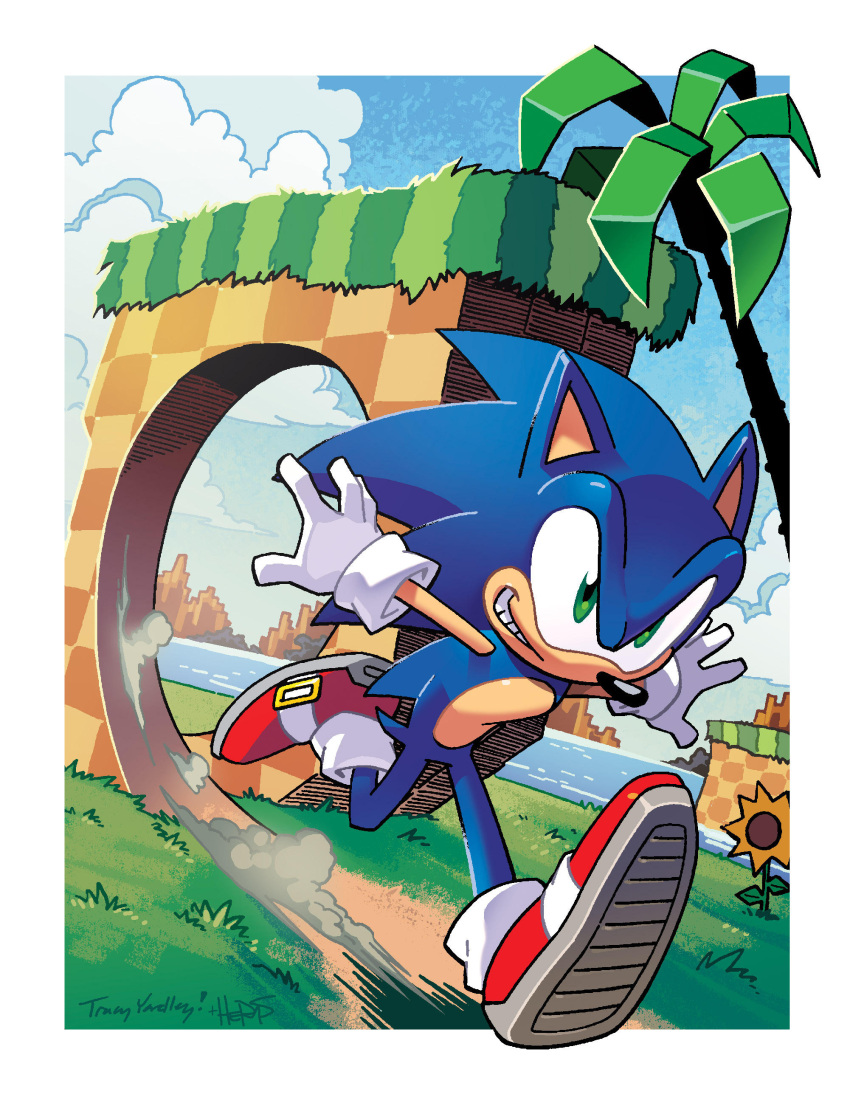 1boy absurdres blue_sky border cloud cloudy_sky collaboration commentary commission english_commentary flower furry gloves grass green_eyes green_hill_zone highres male_focus matt_herms second-party_source sega sky sonic_(series) sonic_the_hedgehog sunflower tracy_yardley tree water white_border white_gloves