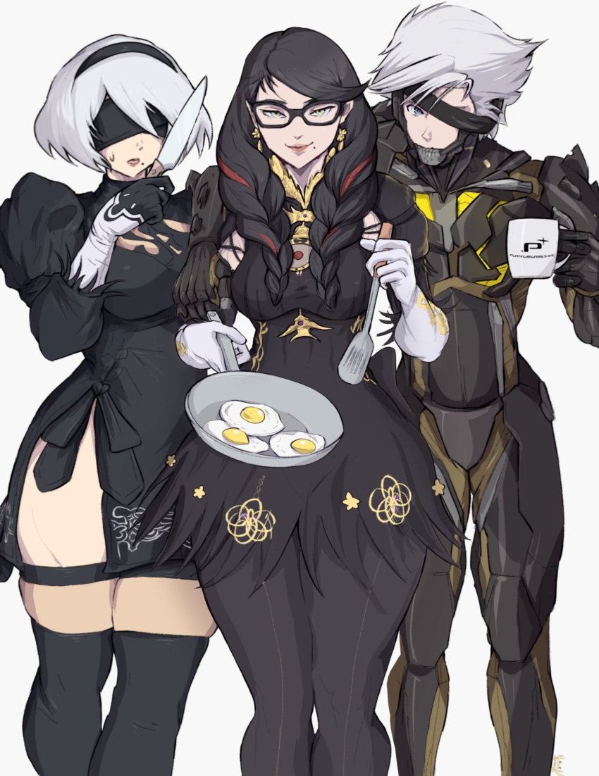 1boy 2girls armor bayonetta bayonetta_(series) black_blindfold black_dress black_hair black_hairband black_pantyhose blindfold breasts company_connection company_name crossover cup cyborg dress fried_egg frying_pan glasses gloves grey_hair hairband highres holding holding_cup holding_frying_pan holding_knife holding_spatula knife long_hair metal_gear_(series) metal_gear_rising:_revengeance mole mole_under_mouth mug multiple_crossover multiple_girls nier_(series) nier_automata one_eye_covered pantyhose platinumgames_inc. raiden_(metal_gear) science_fiction smile spatula sweatdrop thighhighs white_gloves yoracrab yorha_no._2_type_b
