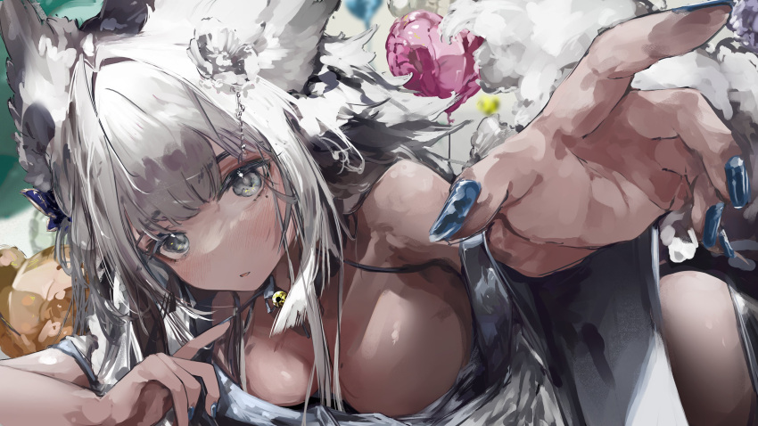 1girl absurdres animal_ears bangs bare_shoulders bell blue_nails blush breasts cleavage commission flower fox_ears fox_girl gaku grey_eyes grey_hair hair_flower hair_intakes hair_ornament highres jingle_bell lying medium_breasts mole mole_under_eye nail_polish on_stomach original parted_lips reaching_towards_viewer skeb_commission solo