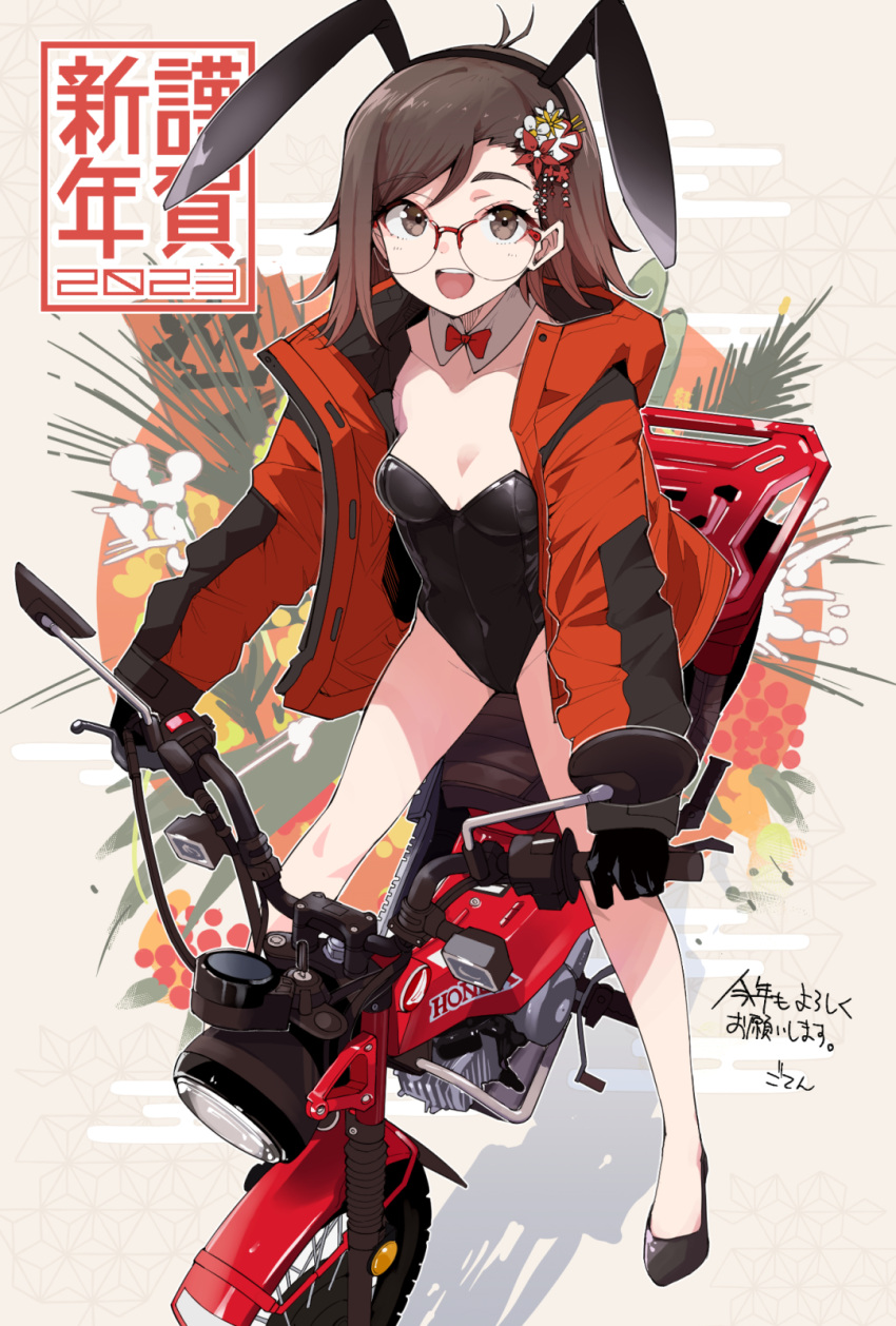 1girl 2023 animal_ears asa_no_ha_(pattern) background_text bangs bare_legs black_footwear black_gloves black_leotard bow bowtie breasts brown-framed_eyewear chinese_zodiac coat collar commentary detached_collar egasumi fake_animal_ears flats glasses gloves goten_(510gensoku) ground_vehicle hair_ornament happy_new_year highres honda kotoyoro leotard long_sleeves looking_at_viewer medium_breasts medium_hair motor_vehicle motorcycle nengajou new_year open_clothes open_coat open_mouth original over-rim_eyewear playboy_bunny rabbit_ears red_bow red_bowtie red_coat semi-rimless_eyewear shadow smile solo standing translated white_collar wing_collar year_of_the_rabbit