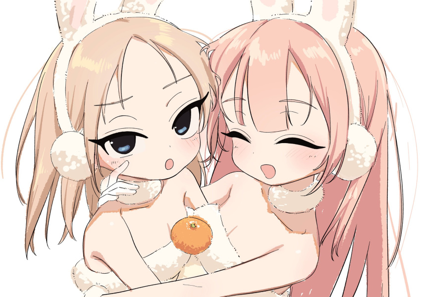 2girls :o animal_ears bandeau bangs blue_eyes blush bouen breasts bunny_earmuffs cleavage closed_eyes commentary earmuffs fake_animal_ears food fruit fur_collar highres light_brown_hair long_hair looking_at_viewer multiple_girls open_mouth orange_(fruit) original pink_hair rabbit_ears simple_background small_breasts symbol-only_commentary white_background