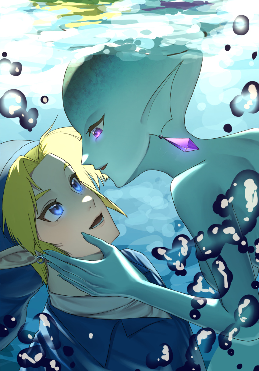 1boy 1girl air_bubble alternate_color blonde_hair blue_eyes blue_headwear breasts bubble fish_girl hat highres jimaku link medium_breasts open_mouth pointy_ears princess_ruto purple_eyes smile the_legend_of_zelda the_legend_of_zelda:_ocarina_of_time underwater zora