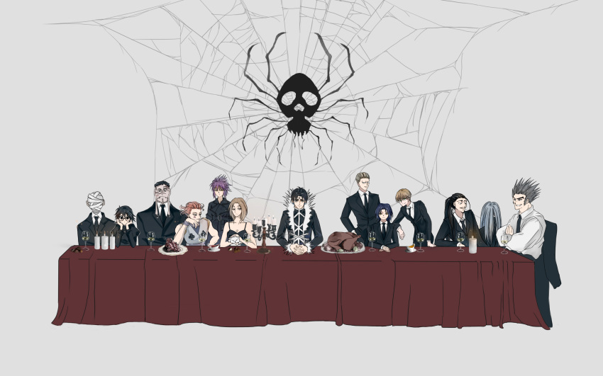 3girls 6+boys absurdres bandaged_head bandages bare_shoulders black_coat black_hair black_jacket black_necktie black_pants blonde_hair blue_hair bonolenov_ndongo bracelet breasts brown_hair candle candlestand chicken_(food) chrollo_lucilfer cleavage coat collared_shirt covered_face cup drinking_glass ebasatrun facepaint facial_mark feitan_portor fine_art_parody food forehead_mark formal franklin_bordeau frown glasses grey_background grey_hair hair_over_face hair_slicked_back head_rest highres hisoka_morow hunter_x_hunter indoors jacket jewelry juliet_sleeves korutopi long_earlobes long_sleeves machi_komacine meal meat multiple_boys multiple_girls necktie nobunaga_hazama odd_one_out one_eye_covered own_hands_together pakunoda pants parody phinks_magcub plate ponytail puffy_sleeves purple_hair red_hair scar scar_on_face scar_on_forehead shalnark shirt shizuku_murasaki short_hair sideburns silk simple_background sitting sleeveless spider_web spiked_hair standing suit tablecloth the_last_supper uvogin widow's_peak wine_glass