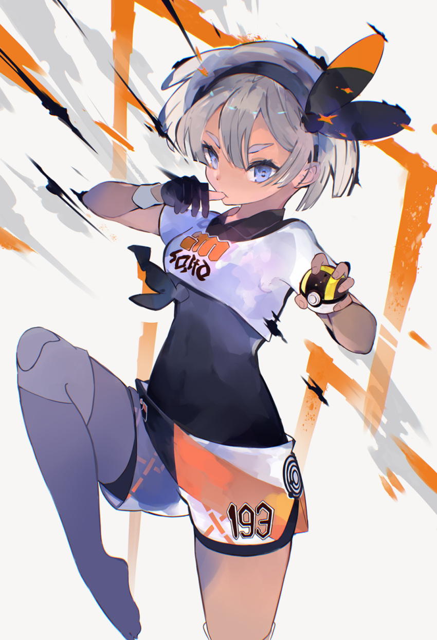 1girl ab-ten bangs bea_(pokemon) black_bodysuit black_hairband blue_eyes bodysuit bodysuit_under_clothes bow_hairband closed_mouth collared_shirt commentary_request foot_out_of_frame gloves grey_hair hairband hands_up highres holding holding_poke_ball knee_pads leg_up no_shoes partially_fingerless_gloves poke_ball pokemon pokemon_(game) pokemon_swsh print_shirt print_shorts shirt short_hair short_sleeves shorts side_slit side_slit_shorts single_glove solo thumb_sucking ultra_ball