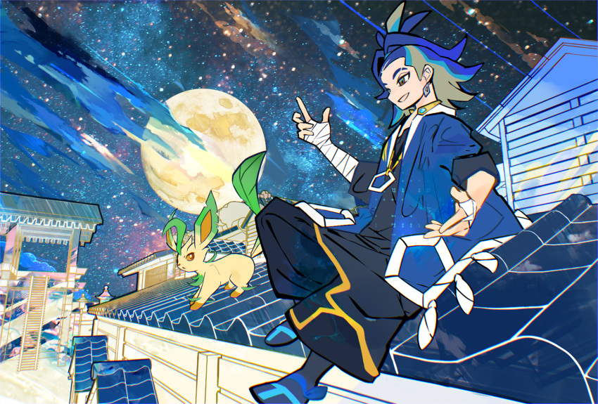 1boy ab-ten adaman_(pokemon) blue_coat blue_hair blue_ribbon brown_eyes coat collar commentary_request earrings footwear_ribbon hand_wraps highres jewelry ladder leafeon looking_down male_focus moon multicolored_hair night open_clothes open_coat open_mouth outdoors pokemon pokemon_(creature) pokemon_(game) pokemon_legends:_arceus ponytail ribbon rooftop shoes sitting smile