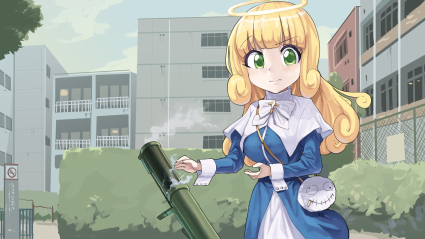 1girl blonde_hair blue_dress blue_sky bow bowtie breasts building bush capelet chain-link_fence closed_mouth cloud commentary_request cowboy_shot cross curly_hair day dress fence fuka_(kantoku) green_eyes gun halo highres jashin-chan_dropkick large_breasts long_hair long_sleeves looking_at_viewer m1_bazooka no_smoking nun outdoors poporon_(jashin-chan_dropkick) raised_eyebrow rocket_launcher skirt sky smoke smoking_gun solo weapon white_bow white_bowtie white_capelet white_skirt