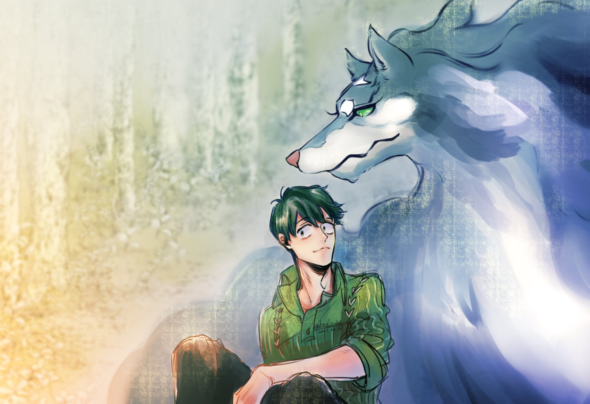 campfire_cooking_in_another_world_with_my_absurd_skill canid canine canis duo fel_(fenrir) feral green_eyes hi_res hndir2 male mammal master mukoda_tsuyoshi pet size_difference wolf