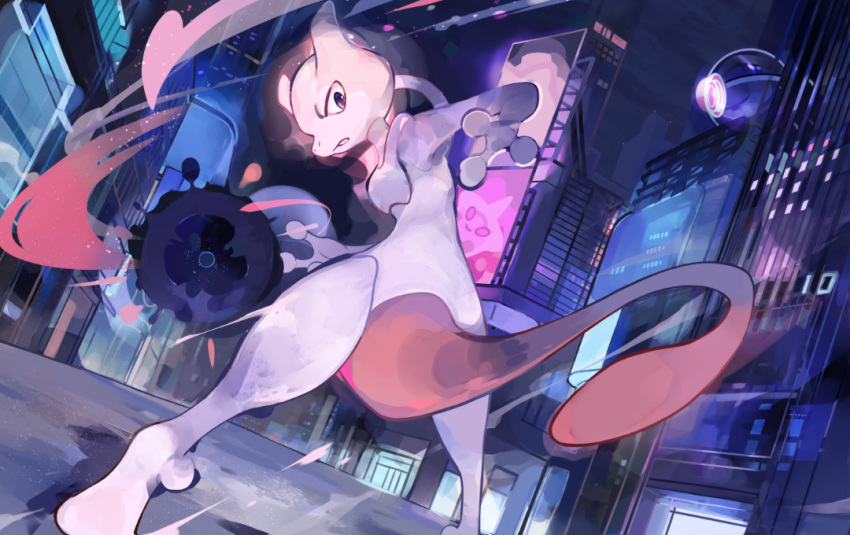 ab-ten building commentary_request energy_ball from_below legs_apart looking_back mewtwo night no_humans outdoors parted_lips pokemon pokemon_(creature) shibuya_(tokyo) solo standing