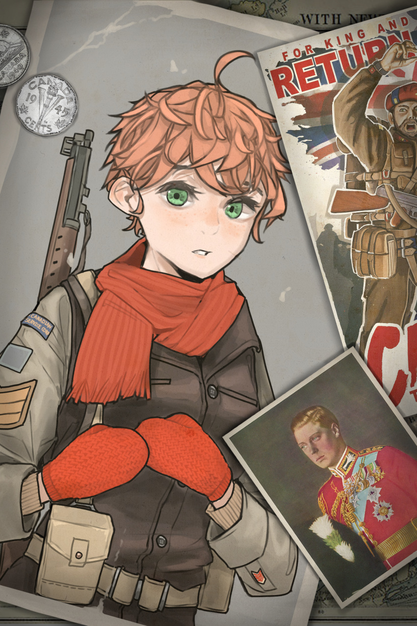 1girl ahoge blush bolt_action breath brown_hair canada freckles green_eyes grey_background gun gun_on_back hearts_of_iron highres kaiserreich lee-enfield long_sleeves looking_at_viewer messy_hair military mittens original parted_lips photo_inset pixiv_username pzkpfwi red_scarf revision rifle scarf short_hair simple_background solo submachine_gun thompson_submachine_gun upper_body weapon weapon_on_back