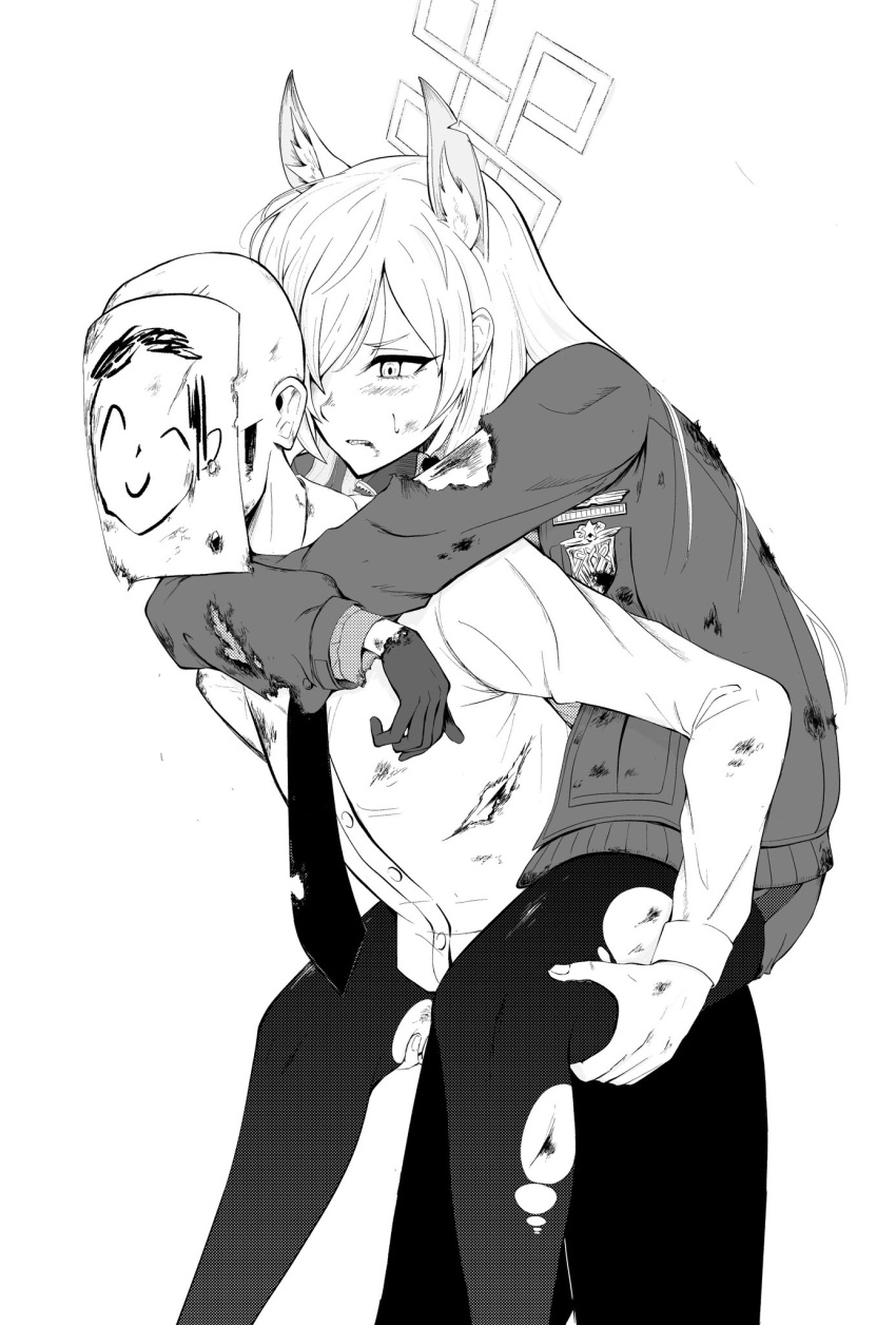 1boy 1girl animal_ears arona's_sensei_doodle_(blue_archive) bald bleeding blood blue_archive carrying cuts extra_ears greyscale hair_over_one_eye halo highres injury jakobi kanna_(blue_archive) long_hair long_sleeves looking_at_another monochrome necktie pants pantyhose paper_on_head piggyback police_badge scratches sensei_(blue_archive) sharp_teeth shirt simple_background spoilers teeth torn_clothes torn_jacket torn_pantyhose torn_shirt white_background