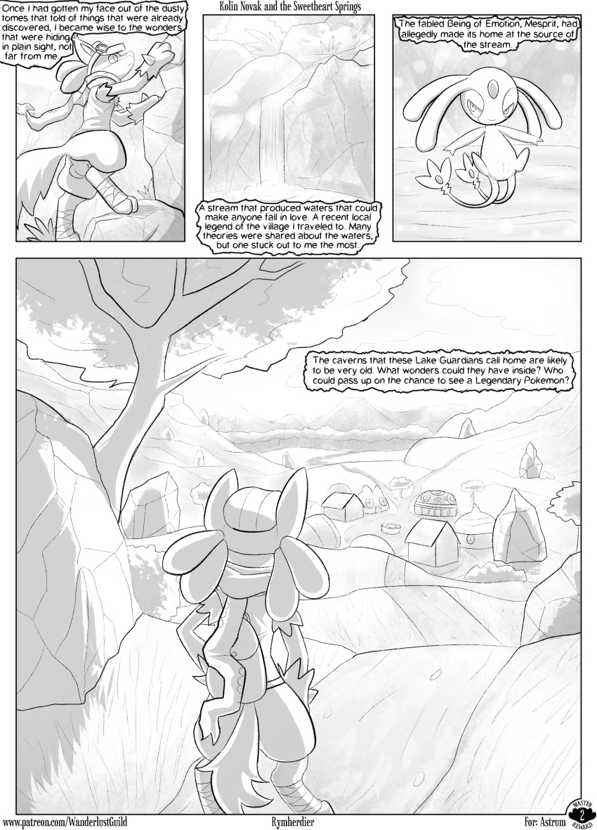 absurd_res anthro bag balls building climbing clothing comic english_text female generation_4_pokemon genitals grass greyscale hat headgear headwear hi_res hill kolin_novak legendary_pokemon legwear looking_at_viewer lucario male mammal mesprit monochrome mountain narration nintendo outside plant pokemon pokemon_(species) pokemon_mystery_dungeon pussy rock rymherdier scarf text topwear tree url valley vest wanderlust water