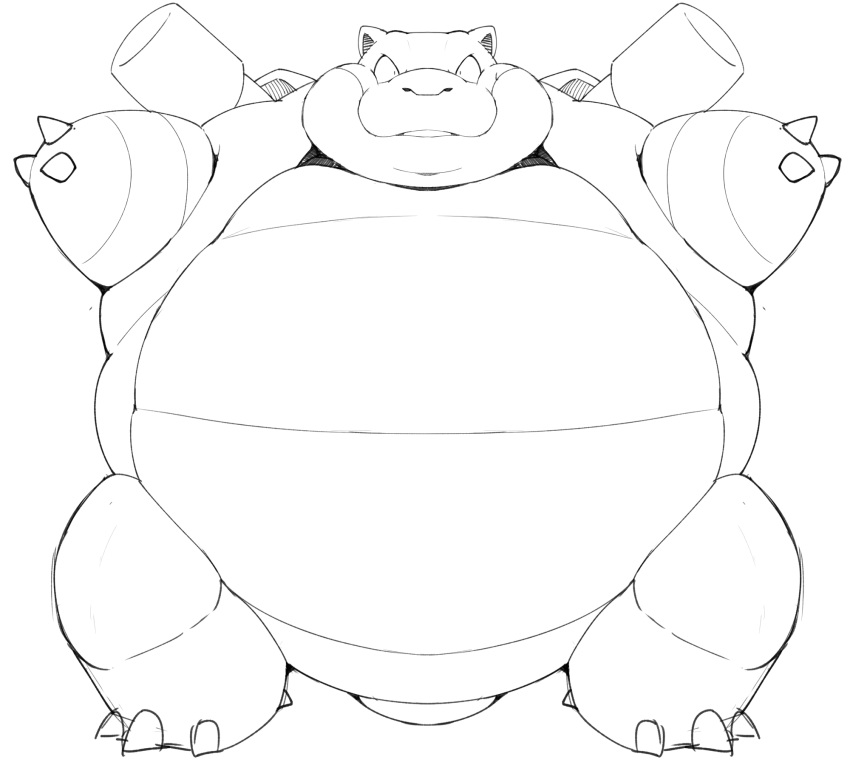 anthro belly black_and_white blastoise blue_belly blue_body cannon feral generation_1_pokemon hi_res male monochrome morbidly_obese nintendo obese overweight pokemon pokemon_(species) ranged_weapon shell shocked simple_background sketch solo weapon white_body zephy_03