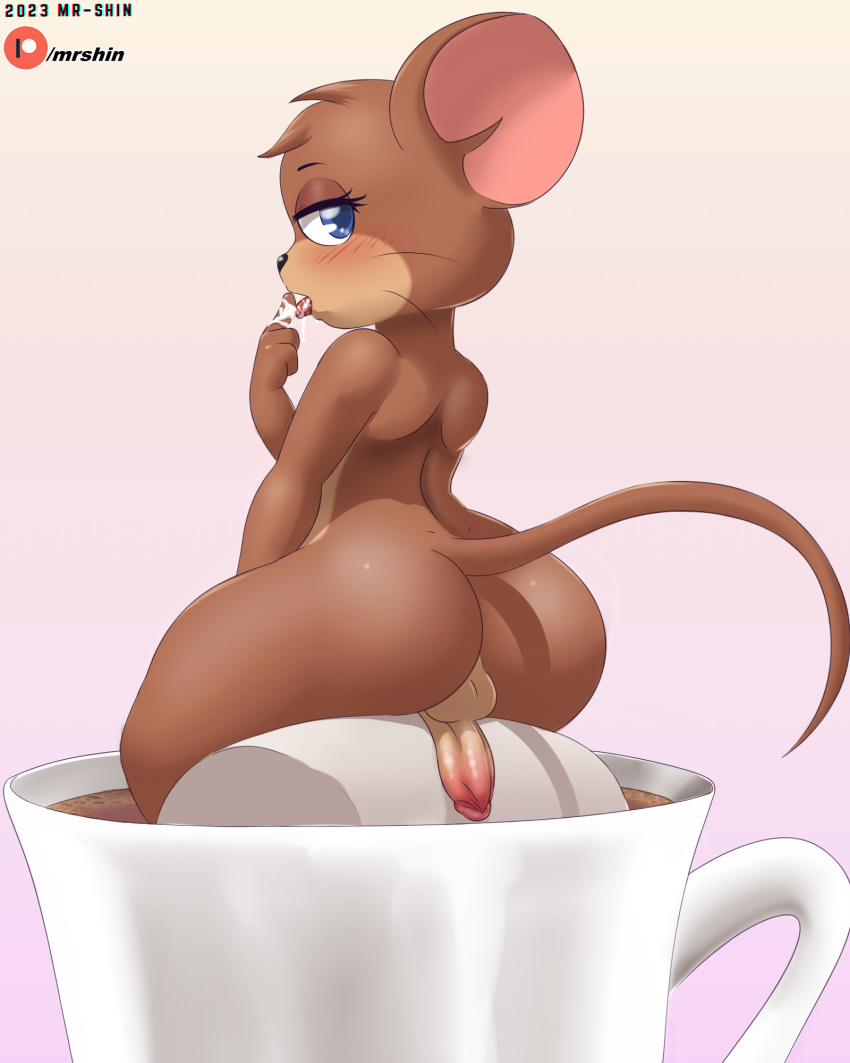 2023 4:5 anthro balls big_butt blue_eyes blue_pupils bodily_fluids brown_body brown_fur butt candy coffee_cup container cup dessert erection fist food fur genitals girly glans half-closed_eyes hi_res humanoid_genitalia humanoid_penis jerry_mouse male mammal marshmallow metro-goldwyn-mayer micro mouse mr-shin murid murine narrowed_eyes nude penis penis_backwards perineum pink_glans pink_inner_ear pink_penis pupils rear_view rodent saliva solo tan_balls tan_perineum thick_thighs tom_and_jerry