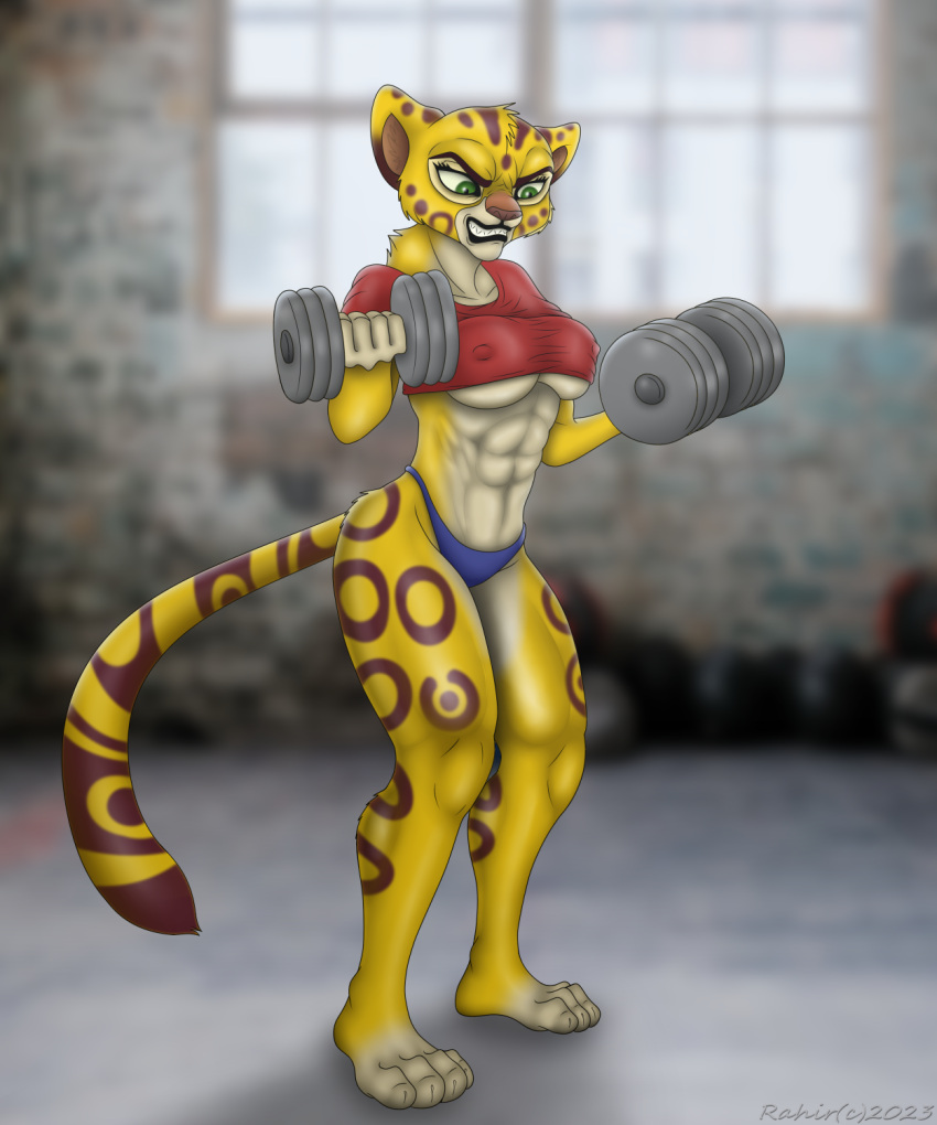 5:6 abs anthro athletic athletic_female breasts cheetah clenched_teeth digital_media_(artwork) disney dumbbell exercise felid feline female fuli hi_res mammal muscular nipple_outline solo teeth the_lion_guard the_lion_king under_boob weightlifting weights working workout