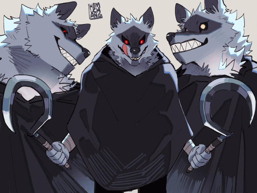 5_fingers anthro canid canine canis death_(puss_in_boots) dreamworks fingers fur grey_body grey_fur hemuchang hi_res holding_object holding_weapon male mammal puss_in_boots_the_last_wish red_eyes sharp_teeth sickle smile solo teeth tongue tongue_out weapon wolf