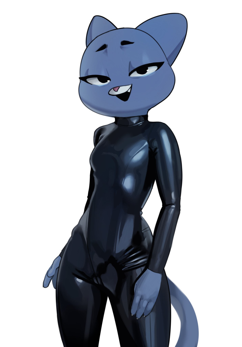 2023 anthro big_ears big_eyes big_pupils biped black_clothing black_eyebrows black_eyelashes black_pupils blue_body blue_eyelids blue_fur breasts cartoon_network claws clothed clothed_anthro clothed_female clothing curvy_figure digital_drawing_(artwork) digital_media_(artwork) domestic_cat eyebrows eyelashes eyelids fangs felid feline felis female finger_claws fingers front_view fur glistening glistening_clothing glistening_eyes half-closed_eyes hi_res humanoid_hands latex looking_at_viewer mammal mature_anthro mature_female medium_breasts narrowed_eyes nicole_watterson no_irises open_mouth open_smile pink_nose portrait prick_ears pupils qupostuv35 rubber rubber_clothing rubber_suit simple_background small_nose smile smiling_at_viewer solo standing tail teeth the_amazing_world_of_gumball thick_eyelashes three-quarter_portrait white_background white_claws