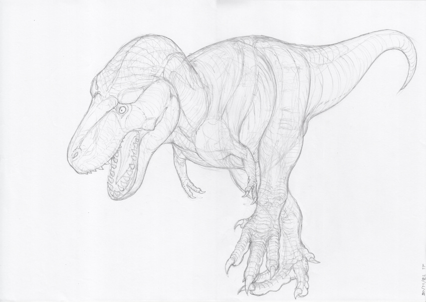 absurd_res ambiguous_gender claws dinosaur feral graphite_(artwork) hi_res monochrome open_mouth reptile scalie simple_background solo standing tail teeth theropod three-quarter_view tongue traditional_media_(artwork) tyrannosaurid tyrannosaurus tyrannosaurus_rex walking zw3