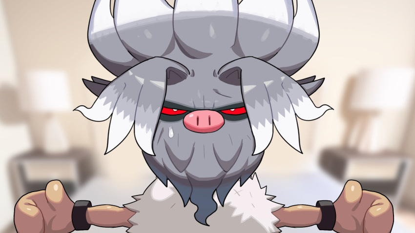 16:9 2023 annihilape blurred_background bodily_fluids drunk_oak fur generation_1_pokemon generation_9_pokemon grey_body grey_fur grey_hair hair hi_res looking_at_viewer narrowed_eyes nintendo pink_nose pokemon pokemon_(species) primeape red_sclera sweat sweatdrop widescreen