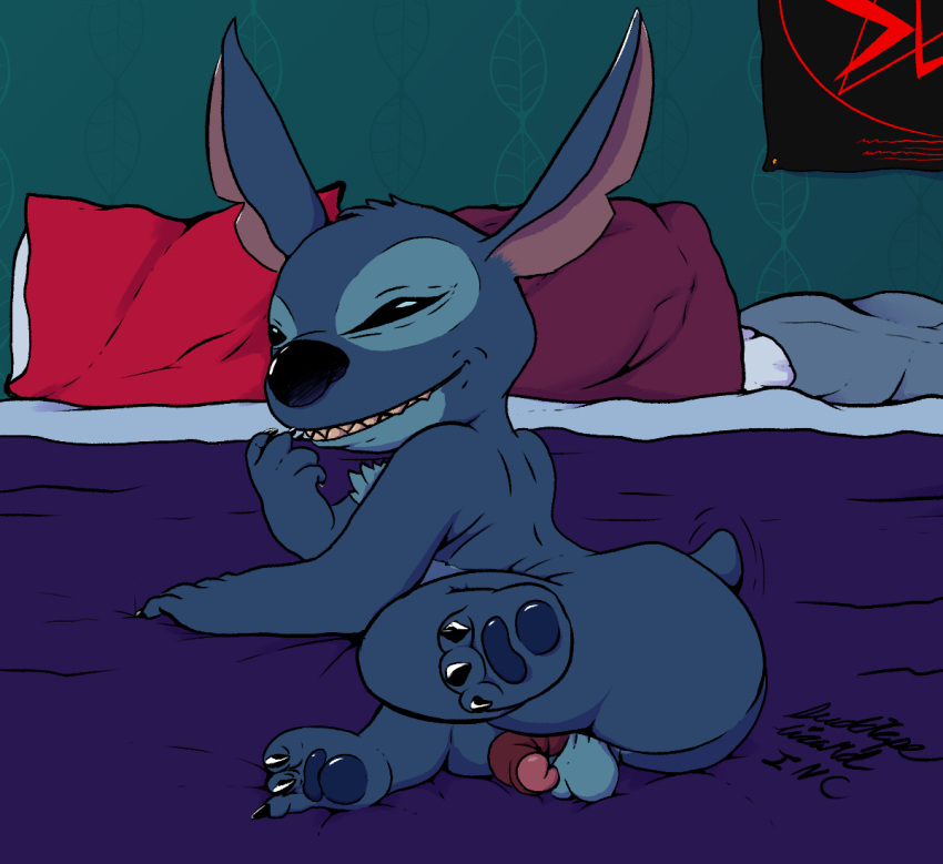 2023 3_toes 4_fingers alien anthro balls bed bedding bedroom_eyes biped black_claws blanket blue_balls blue_body blue_fur blue_pawpads butt chest_tuft claws digital_drawing_(artwork) digital_media_(artwork) disney ducktape_lizard_inc experiment_(lilo_and_stitch) feet fingers foreskin fur furniture genitals glans grin humanoid_genitalia humanoid_penis inside lilo_and_stitch looking_at_viewer male motion_lines narrowed_eyes notched_ear pawpads penis pillow poster seductive small_tail smile solo stitch_(lilo_and_stitch) tail tail_motion tailwag toe_claws toes tuft