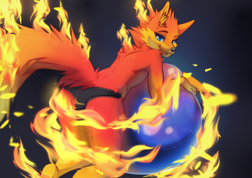 2023 anthro black_clothing black_panties black_underwear blue_eyes butt canid canine clothing dancrescentwolf digital_drawing_(artwork) digital_media_(artwork) fire firefox flaming_tail fox fur girly hi_res looking_at_viewer male mammal mozilla mozilla_firefox_(character) orange_body orange_ears orange_fur orange_tail panties smile smiling_at_viewer solo tail underwear