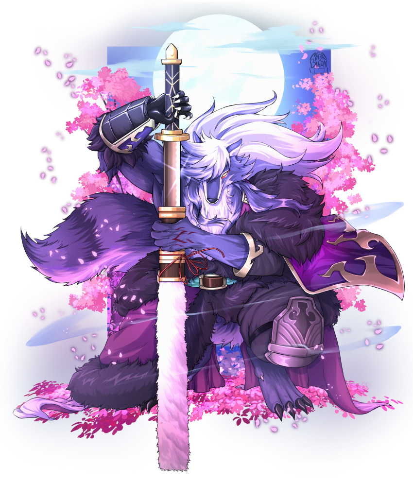 absurd_res alpha_channel blue_body blue_fur canid canine canis claws duel_monster eyeshadow folgo_justice_fur_hire fur fur_hire hair hi_res katana looking_at_viewer makeup male mammal melee_weapon microbihon moon sakura simple_background solo sword transparent_background weapon white_body white_fur white_hair wolf yellow_eyes yu-gi-oh!