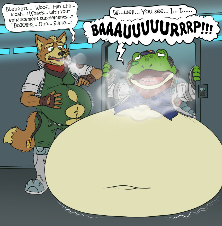 absurd_res amphibian anthro belly big_belly bloated canid canine duo eggo21 english_text fox fox_mccloud frog hi_res male mammal nintendo star_fox text