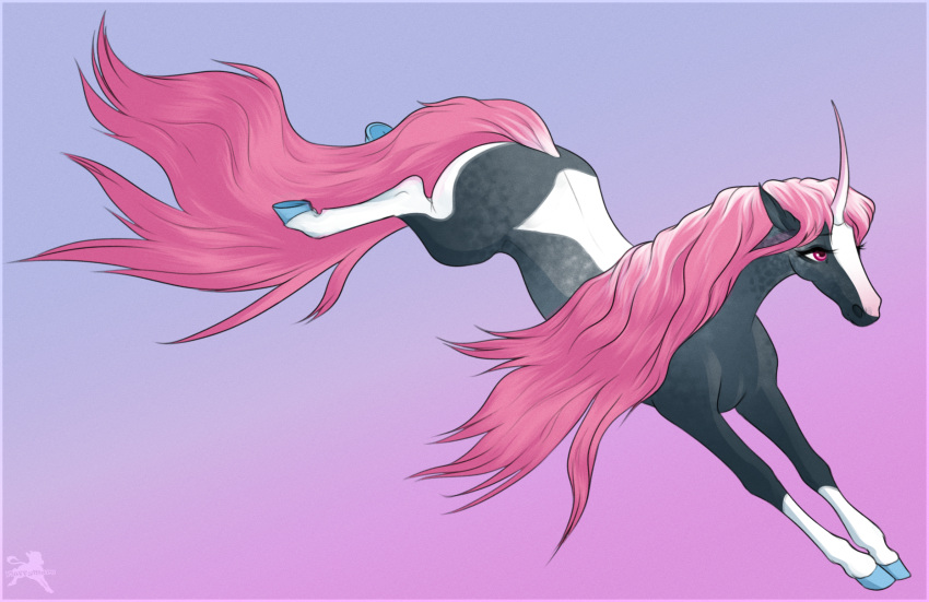 2023 ambiguous_gender blue_hooves curved_horn digital_media_(artwork) equid equine eyebrow_through_hair eyebrows eyelashes facial_markings feral fluffymare hair head_markings hi_res hooves horn mammal mane markings multicolored_body pink_eyes pink_hair pink_mane pink_tail raeni simple_background solo tail translucent translucent_hair two_tone_body unicorn