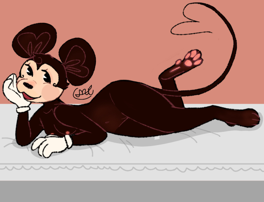 anthro bed black_body black_fur breasts disney female fur furniture lying mammal minnie_mouse mouse mousechop murid murine on_bed paws pinup pose rodent small_breasts smile solo