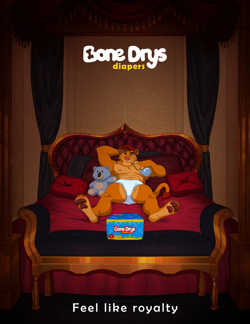 absurd_res anthro bed bonedrys clothed clothing colt3n diaper disney english_text felid furniture hi_res lion lying male mammal muscular muscular_male on_back pantherine simba solo text the_lion_king under_covers wearing_diaper