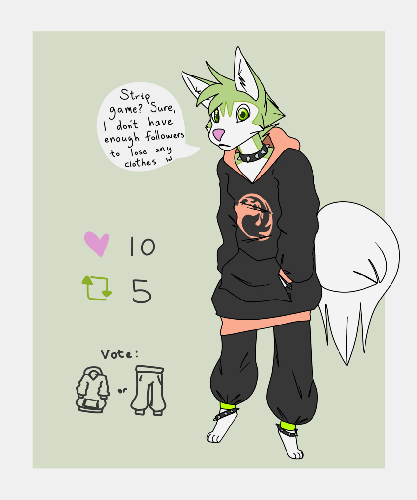 &lt;3 5:6 absurd_res ambiguous_gender anklet anthro baggy_clothing bracelet byte_fantail_(character) canid canine canis clothing collar dialogue domestic_dog english_text fur green_body green_eyes green_fur hand_in_pocket harem_pants hasbro hi_res hoodie husky jewelry legband magic:_the_gathering mammal mana_symbol meme nordic_sled_dog oversized_hoodie pink_nose pockets red_mana_symbol sillydraco solo speech_bubble spiked_anklet spiked_bracelet spiked_collar spiked_legband spikes spitz strip_game text topwear white_body white_fur wizards_of_the_coast