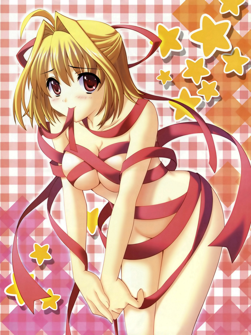 absurdres ahoge ayase_nazuna blonde_hair blush breasts highres large_breasts matsushita_makako mouth_hold naked_ribbon nude orange_pocket rakko_(makarakko) red_eyes ribbon short_hair solo star