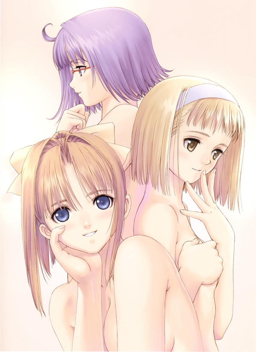 absurdres after bangs blonde_hair blue_eyes blush bob_cut breasts cleavage covering covering_breasts finger_to_mouth fingernails flipped_hair glasses hair_intakes hair_ribbon hairband hand_on_breast hand_on_own_cheek head_rest highres kishi_youko large_breasts light_brown_hair light_smile multiple_girls nude parted_lips profile purple_eyes purple_hair ribbon shiomiya_kanami short_hair small_breasts spread_fingers takawashi_nagisa tanaka_takayuki yellow_eyes