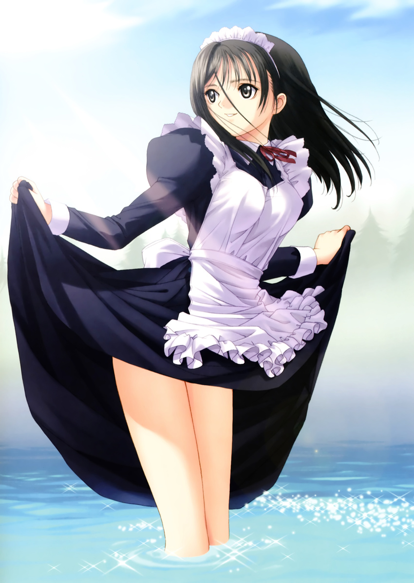 absurdres apron black_dress black_eyes black_hair blue_sky breasts dress feet_out_of_frame floating_hair frilled_apron frills genmukan hair_between_eyes hair_strand highres juliet_sleeves long_hair long_sleeves looking_away looking_to_the_side maid maid_apron maid_headdress medium_breasts outdoors outstretched_hand parted_lips pine_tree puffy_sleeves skirt_hold sky smile solo sparkle standing tanaka_takayuki tree wading watase_nozomi water white_apron