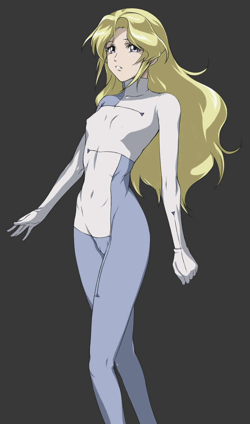 blonde_hair blue_eyes bodysuit cameltoe covered_nipples deianeira flat_chest heroic_age highres long_hair non-web_source simple_background skin_tight solo turtleneck zundarepon