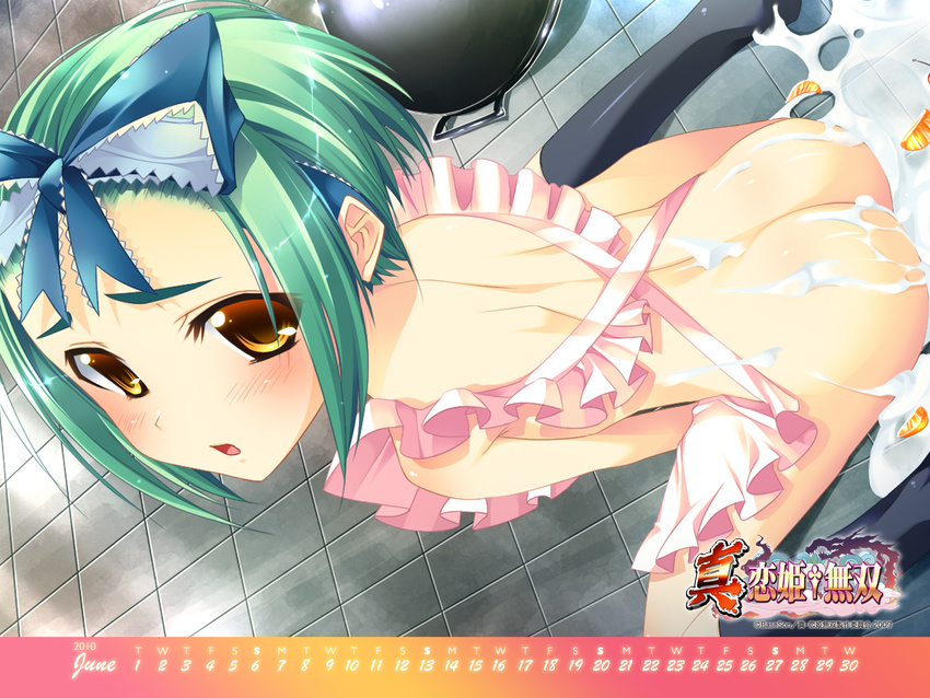 apron ass back blush brown_eyes calendar_(medium) cream food from_behind fruit green_hair highres kantaka kneehighs koihime_musou looking_back naked_apron nude ribbon short_hair sitting socks solo suggestive_fluid ten'i wariza