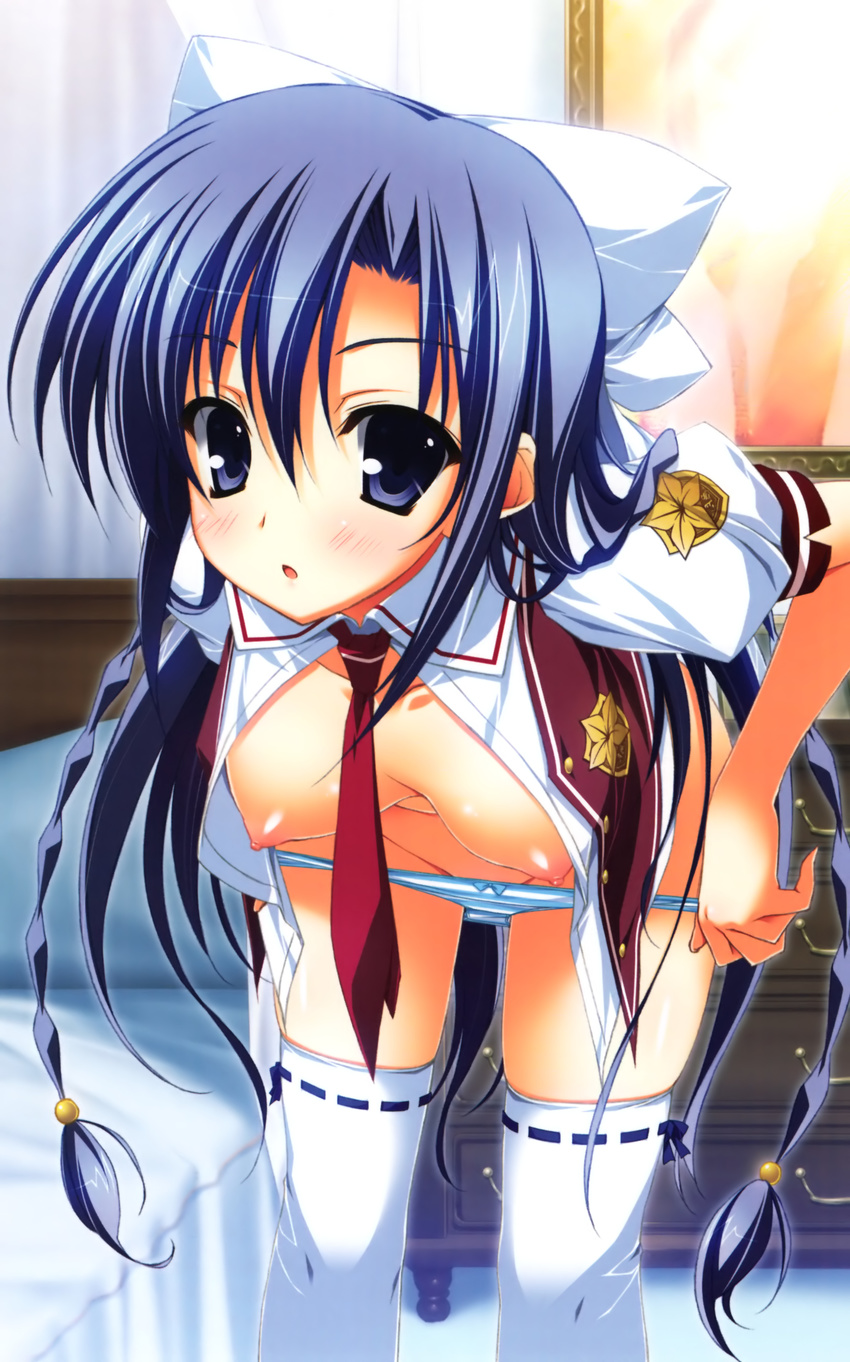 absurdres blue_hair blush breasts daiuchuu_no_hokori hair_ribbon highres leaning_forward maria_do_arcadia medium_breasts nipples panties panty_pull ribbon ribbon-trimmed_legwear ribbon_trim school_uniform solo thighhighs underwear undressing yuuki_hagure