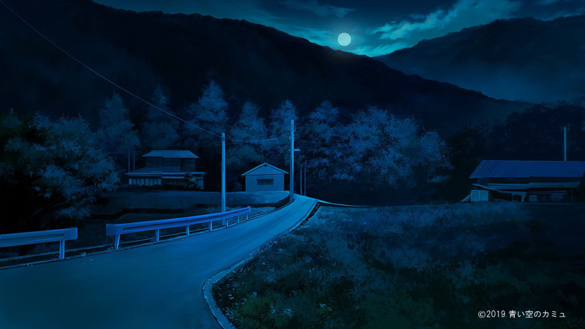 building cloud commission copyright_request full_moon grass highres kyarage_(soda) moon night power_lines road scenery tree watermark