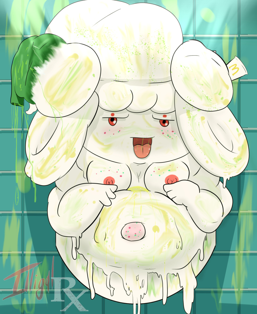 alcremie anthro breasts corrupted evolution female generation_8_pokemon hi_res living_urinal mcdonald's mold_(fungus) mutated nintendo nipples non-mammal_nipples peeing pokemon pokemon_(species) pregnant roz_stripe solo trash urinal weight_gain young