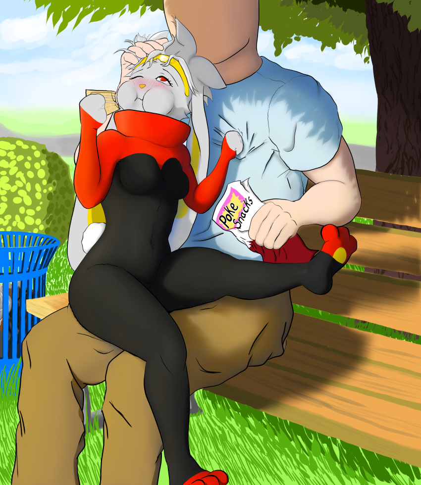 3_toes absurd_res anthro athletic athletic_anthro bench blush blush_lines breasts caressing_head clothing clothing_grab cloud cute_expression cute_eyes defined detailed_background duo eating evening eyes_closed faceless_character faceless_male feeding feet female fluffy fluffy_tail food full_mouth fur generation_8_pokemon glowing glowing_eyes grass grey_body grey_fur happy hi_res human human_on_anthro_romance interspecies lagomorph leaf leporid long_ears looking_away looking_pleasured looking_up male male/female mammal neckwear nintendo noconcession on_lap park park_bench paws petting petting_head plant pokemon pokemon_(species) pokephilia pokesnacks raboot red_body red_fur relaxing road romantic romantic_ambiance romantic_couple sitting sitting_on_bench sitting_on_lap sky small_breasts soles sunny swinging_legs tail toes trash_can tree